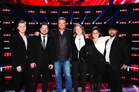 Shown are the members of “Team Blake” remaining in the top eight contestants on “The Voice.” Shown from left: Gyth Rigdon, Dexter Roberts, Coach Blake Shelton, Carter Lloyd Horne, Kim Cherry and Andrew Sevener.