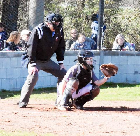 Kerra Aaron is shown in her catcher’s position during a game this season for Berry.