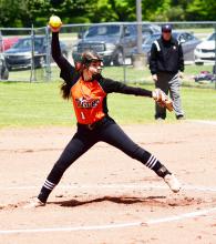 Brandy Johnson is shown pitching in the WAC Tournament for Fayette.