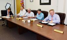 Shown at the Fayette County Board of Education’s April 16 meeting, from left: Superintendent Jim Burkhalter, Board President Tom Hubbert, and board members Sam Sullivan, Keith Madison and Tim Fields. Not present at the meeting were board members John Stowe and Waldon Tucker.